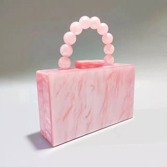 Handbags - Stylish Pink Marble Acrylic Box Clutch with Beaded Handle